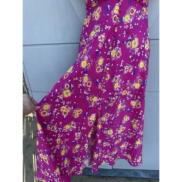 Saloni Lea Silk Pink Floral Button-Front Midi Dress Puff Sleeves US 0 Feminine - Picture 12 of 16